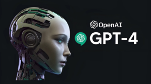 Ilustrasi GPT-4 dari OpenAI dengan gambar kepala robot futuristik di latar belakang hitam, menunjukkan teknologi kecerdasan buatan canggih